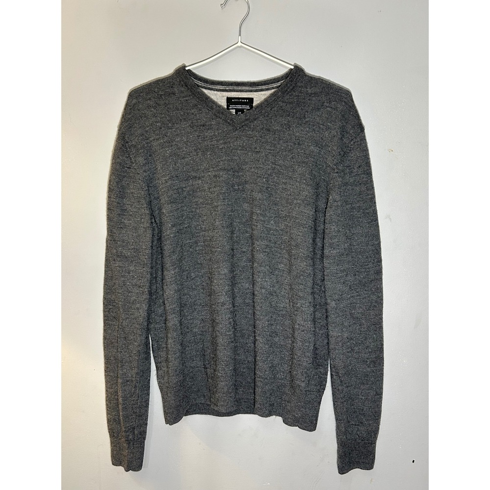 Attitude Mens Gray 100% Merino Wool V-Neck Sweater‎ Size Large Machine Washable